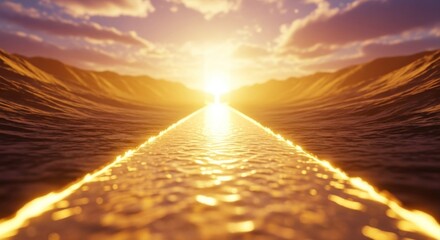 A serene, golden sunset over a vast, shimmering ocean with a bridge stretching across it, leading to a distant, glowing island.