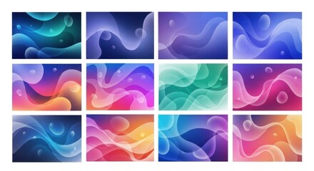 A set of twelve abstract, colorful, fluid, wave-like backgrounds with a gradient effect.