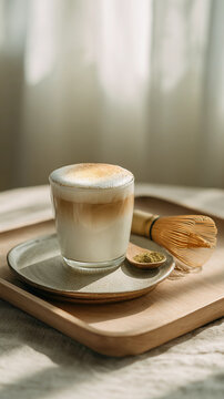 Elegant hojicha latte photographed with natural light. The creamy tea foam and calm aesthetic reflect Japanese tradition, and cozy morning rituals