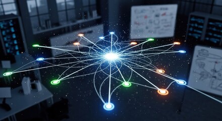 A futuristic office with a glowing network of lines connecting various devices and screens.