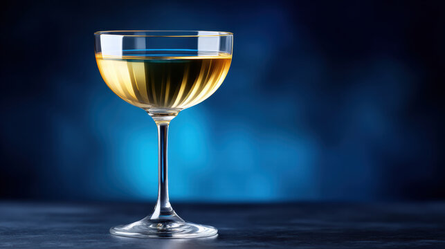 Fluid golden liquid movement in cocktail glass shines brightly with elegant reflection on dark blue background