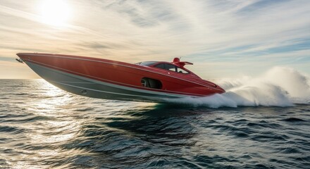A red and gray speedboat with a sleek, modern design, cutting through the water with a powerful wake, leaving a trail of white foam.