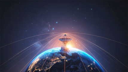 Satellite dish on Earth with communication signals and sunrise in space