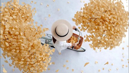 Woman with a straw hat is seen cycling through a blanket of autumn leaves from aerial perspective video 4k