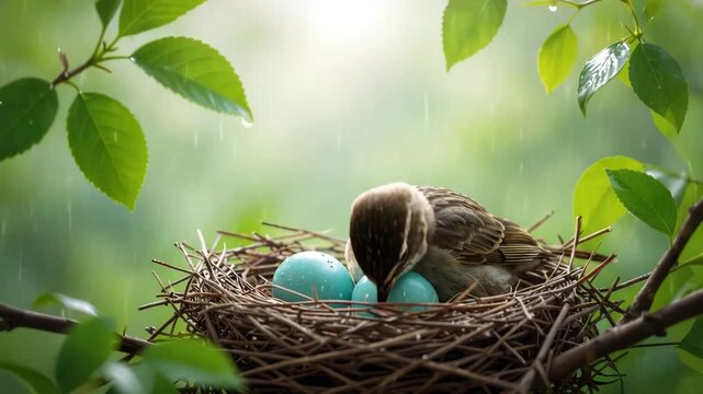 Small bird nurturing two vibrant blue eggs in a rustic nest on a tree branch during a gentle rain, for new life concept and springtime renewal