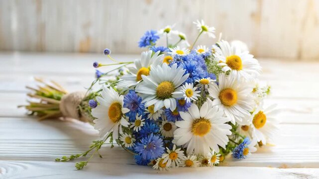 Close-up of a rustic wildflower bouquet featuring white daisies and blue cornflowers on a light wooden table, for natural beauty and celebration concept