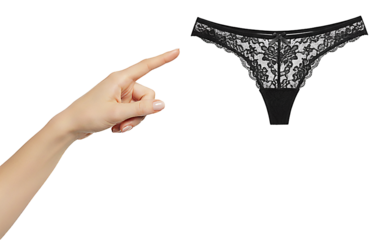 Female hand pointing toward female panties or under wear against a transparent background. E commerce idea, space to add brand name.