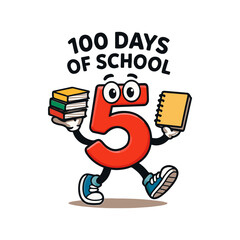 A cheerful number five mascot celebrates 100 days of school with books and a notebook