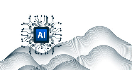 Artificial Intelligence Chip with Digital Data Wave Background for AI technology, machine learning, and futuristic business concepts.