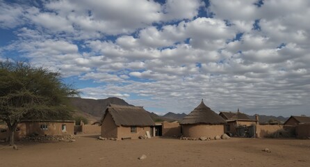 traditional african village with thatched roof huts under a bright blue sky with altocumulus clouds in namibia.