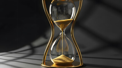 Luxury golden hourglass with flowing sand on a dark background with elegant shadows