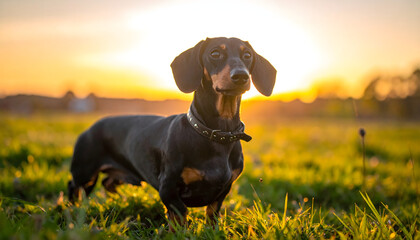 Black tan dachshund looking camera belt neck green meadow warm sunset light happy dog portrait cute pet animal photography generative AI
