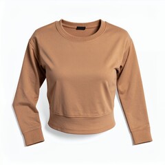 Minimalist brown crewneck sweatshirt on white background promoting simple style