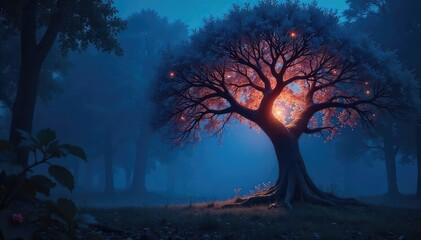 Mystical glowing tree at night, ethereal light illuminating leaves and branches, magical forest scene, perfect for fantasy or fairytale themes , night, otherworldly