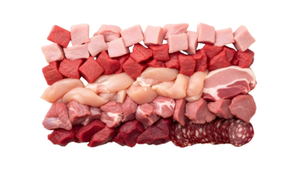 Selection of assorted raw meat cuts including chicken, beef, pork, and sausages isolated PNG with Transparent Background