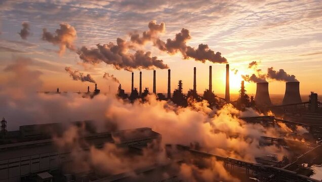 Industrial landscape with smoking chimneys at sunset.