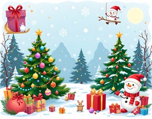 Naklejka premium Festive Winter Scene with Christmas Trees and Playful Snowman