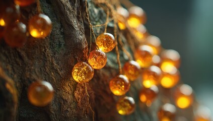 Close-up of Luminous Amber Resin Droplets on Dark Tree Bark, Natures Golden Glow.