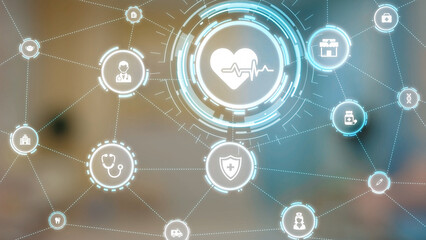 Healthcare icons show medical service, healthcare support, and patient treatment. Healthcare...