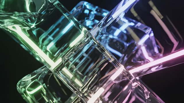 Glass art composition featuring colorful glass pieces, sculpture, and neon light illuminated against dark background, perfectly capturing the creative and innovative essence of modern design.