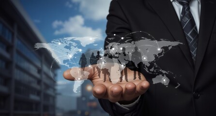global business network concept with a professional holding a world map and people icons in their palm.