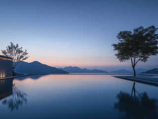 Serene Landscape with Calm Water and Mountain View at Sunset