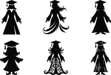 Graduate silhouette illustration set, academic gown styles, cad drawing flat vector artwork design