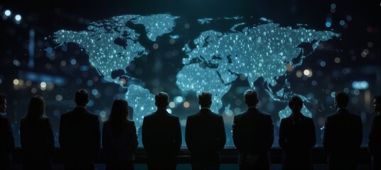 global network connectivity with diverse business team looking at digital world map data interface.