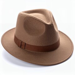 Stylish brown fedora hat with a dark brown ribbon against a clean white backdrop