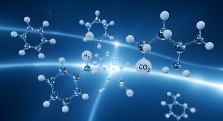 Molecular structures of H2 and CO2 on glowing blue background