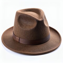 Brown felt fedora hat with band, an iconic men's fashion accessory on white backdrop