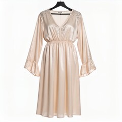 Elegant light cream dress with lace accents on white background creating soft shadows