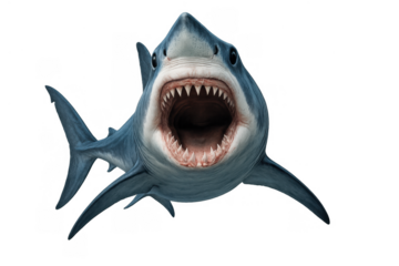 Large great white shark swimming forward with mouth wide open, displaying rows of sharp teeth, representing danger and power