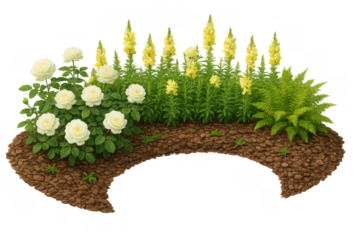 Garden bed with white roses, yellow snapdragons, and ferns creating a decorative landscape element on transparent background