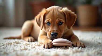 Puppy chewing on a toy on the floor in a room