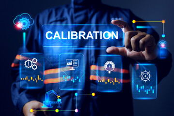 calibration concept with laboratory staff monitoring instrument under calibration on virtual screen on IEC 17025 which standard for testing and calibration measuring instrument in factory