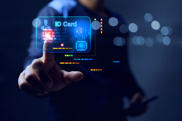 The digital ID card concept, with a man pointing to an identification citizenship card, represents...