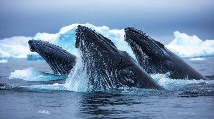 Fototapeta premium Three humpback whales are breaching the water's surface near icebergs, showcasing their massive bodies against a serene, icy backdrop.