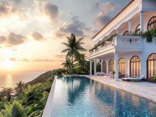 Fototapeta premium Luxurious Villa with Infinity Pool Overlooking Sunset Sea View