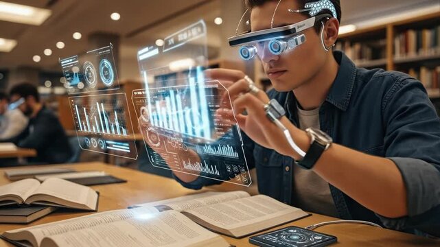 Student using augmented reality glasses for advanced learning in a library.