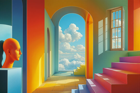 Abstract building interior in vibrant rainbow colors, surreal architectural space, large archway opening to a bright cloudy sky, artistic head sculpture
