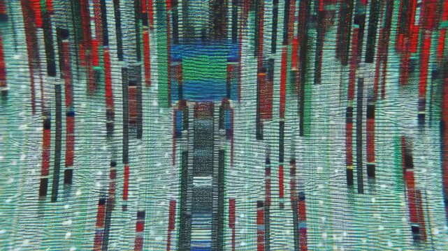 Abstract digital glitch art with colorful vertical patterns and dynamic motion