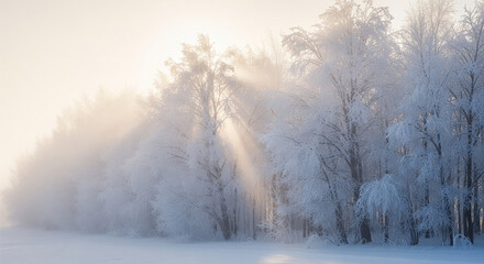A wide-angle shot of a deciduous forest covered in hoarfrost during a foggy sunrise. Soft, pale golden light filters through the mist, creating God rays between the frozen branches. 
