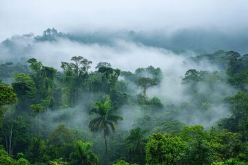 Lush Green Jungle with Mist and Fog Covering Tropical Trees