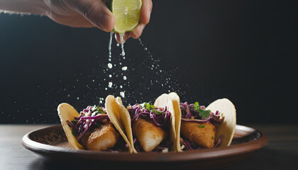 Fresh Fish Tacos With Purple Cabbage And Hand Squeezing Lime Juice Mexican Street Food Background