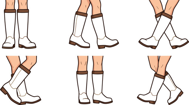 Collection of six walking cycle positions featuring legs in white and brown boots for 2D animation guide and footwear fashion illustration