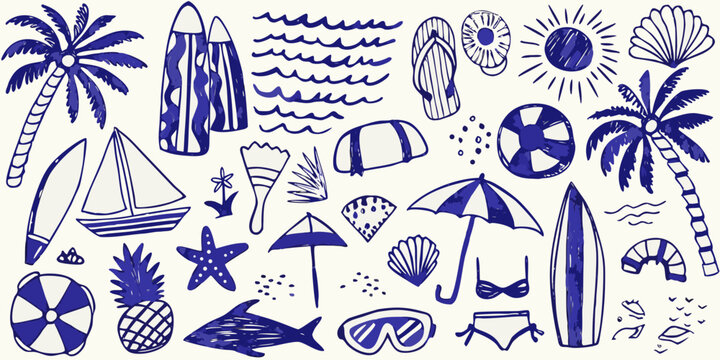 A collection of blue and white hand drawn summer themed illustrations