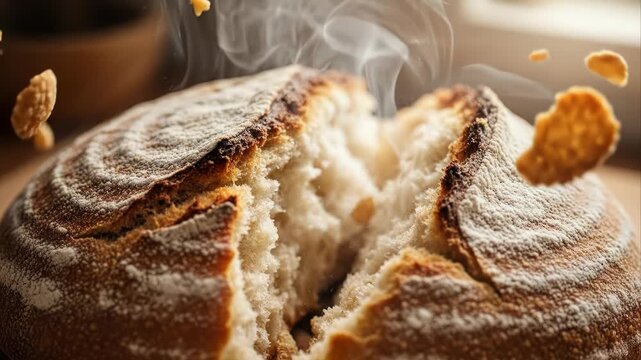 Freshly baked artisan bread breaking open with flying crumbs and steam.
