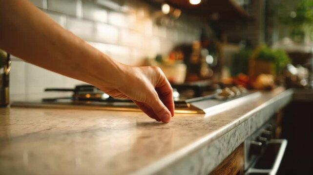 Medium shot of a kitchen countertop where a hand applies cockroach gel bait near the stove to control infestation effectively.