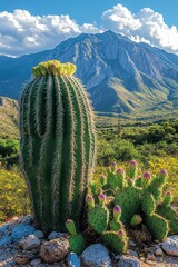 Beautiful Landscape with Cactus and Mountains Under Blue Sky